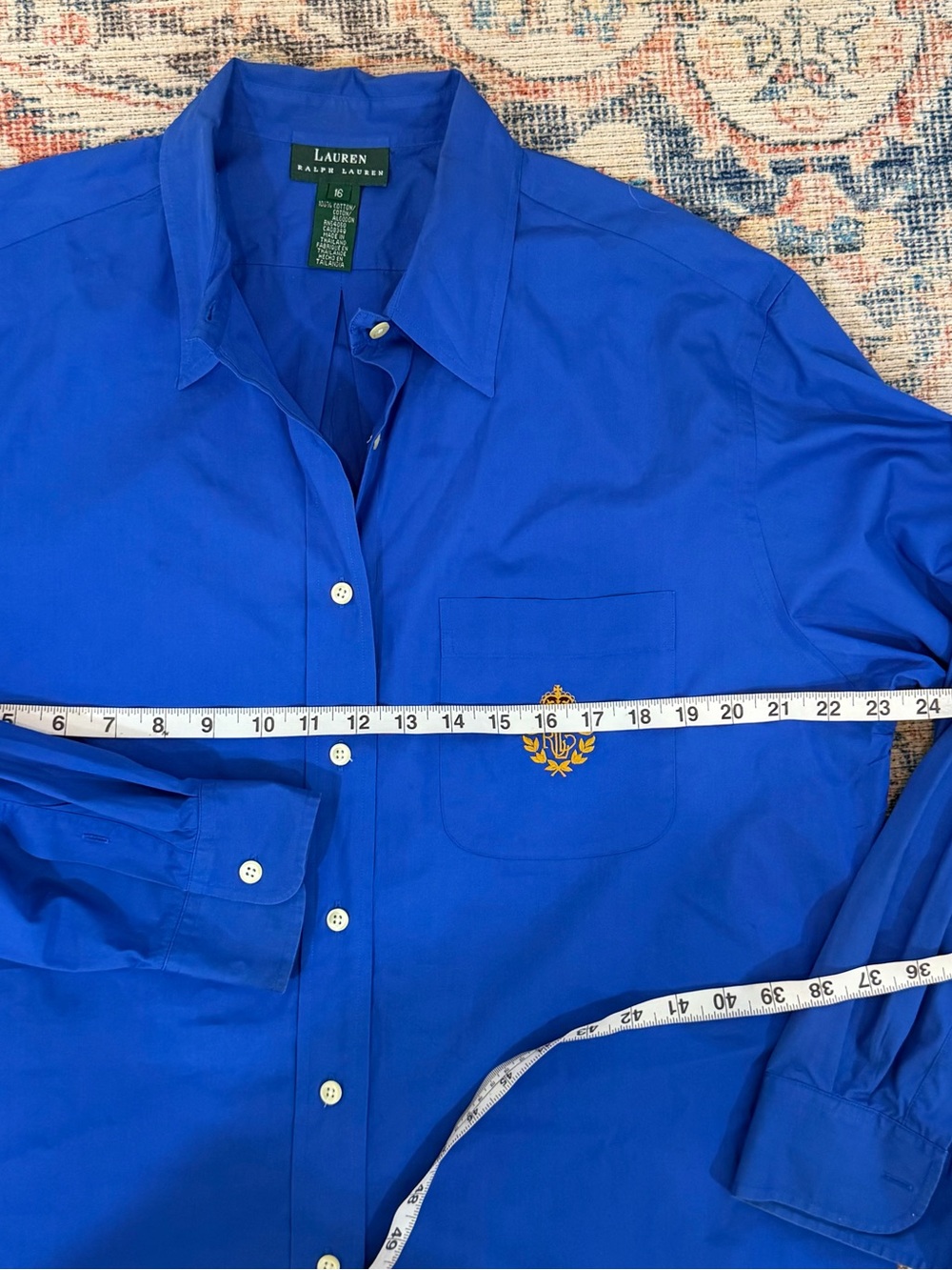 Lauren Ralph Lauren Shirt 16 Royal Blue Cotton Crest Button Down Gold Logo Plus - Picture 6 of 8